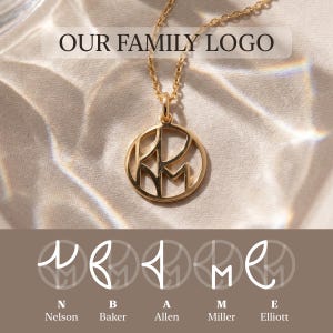May include: A gold-toned circular pendant necklace featuring an openwork monogram design of the letters K and M. The text OUR FAMILY LOGO appears above the pendant. Below, five white line-art letter icons are labeled N Nelson, B Baker, A Allen, M Miller, and E Elliott.