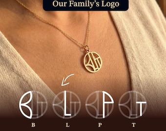 May include: A gold-toned circular pendant necklace featuring a geometric cutout design. The pendant is displayed alongside a graphic labeled Our Family's Logo, showing letters B, L, P, and T corresponding to the names Bella, Liam, Paige, and Tyler.