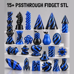 Op de afbeelding: Een collectie van 15+ blauwe en zwarte 3D-geprinte passthrough fidget toys in diverse geometrische vormen, waaronder kegels, bollen, harten en abstracte vormen. De tekst 15+ PSSTHROUGH FIDGET STL staat bovenaan de afbeelding.