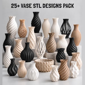 Lot de plus de 25 vases au format STL, modèles de vases imprimables en 3D, fichiers d'impression 3D de vases décoratifs, décoration intérieure moderne, collection de vases à fleurs au format STL, fichiers numériques