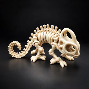 Op de afbeelding: Een gebroken wit, gearticuleerd kameleon-skeletfiguur met een gedetailleerde wervelkolom, een gekrulde staart en een uitgeholde schedelstructuur. Het figuur staat in een wandelhouding met zichtbare gewrichten bij de ledematen en de ruggengraat.