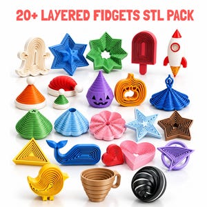Può includere: Una collezione di oltre 20 fidget toy stampati in 3D a strati, tra cui stelle, cuori, un razzo, una balena, una zucca e forme geometriche. Gli oggetti presentano design concentrici e annidati in rosso, blu, verde, giallo, viola e marrone.