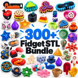 May include: A collection of 300+ Fidget STL Bundle items including various plastic geometric shapes, gears, food-themed objects, skulls, hearts, and mechanical toys in diverse colors like blue, orange, pink, green, and yellow.