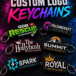 May include: Six custom logo keychains with metal rings, featuring various designs including GDB Rescue & Recovery, Falconcraft Studio, The Hollybush Pub & Dining, Summit Outdoors, Spark Engineering, and Royal Detailing, set against a dark background.
