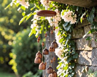 May include: A hanging wind chime featuring a circular wooden top platform with multiple thin strings suspended from it. The strings hold several polished copper-colored metal bells and small wooden beads arranged at varying heights.