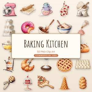 Könnte beinhalten: Eine Sammlung digitaler Illustrationen zum Thema Backen mit einem rosa Standmixer, Nudelholz, gestapelten Tassen, Kirsch-Ofenhandschuh, Mehltüte, Torte, Donut, Rührschüssel, Spritzbeutel, Vanilleextrakt, Croissant, Kuchen und Pizza.