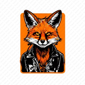 May include: A graphic illustration of a fox with orange and white fur wearing a black leather jacket. The fox has pointed ears, yellow eyes, and a focused expression. The design is set against a solid orange rectangular background with the word Snoot.