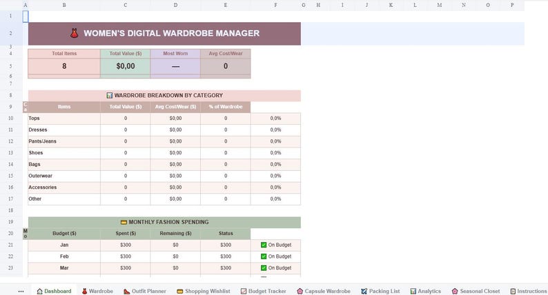 Puede incluir: Una plantilla de hoja de c&aacute;lculo para la gesti&oacute;n digital de vestuario con el t&iacute;tulo DIGITAL WARDROBE MANAGER, una tabla de resumen de art&iacute;culos, valor y costes, un desglose por categor&iacute;as y un rastreador de gastos mensuales.