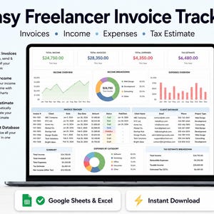 Op de afbeelding: Een digitaal dashboard getiteld Easy Freelancer Invoice Tracker op een laptopscherm. Het bevat secties voor facturen, inkomsten, uitgaven en belastingramingen met grafieken, tabellen en financiële gegevens, inclusief Google Sheets-pictogrammen.