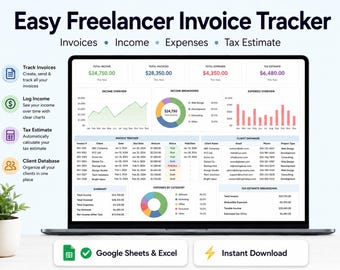 Rastreador de facturas para freelancers fácil de usar / Registro de ingresos y gastos / Hojas de cálculo de Google Excel / Estimación de impuestos / Base de datos de clientes