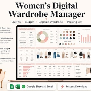 May include: A digital wardrobe manager dashboard displayed on a laptop screen. The interface features a pie chart, bar graphs, and a weekly outfit planner with clothing icons. Text includes "Wardrobe Dashboard," "Outfits," "Budget," and "Capsule Wardrobe."