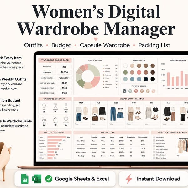 Digitale Kleiderschrank-Manager Tabelle | Outfit Planer, Kapsel, Budget Tracker (Digitaler Download)