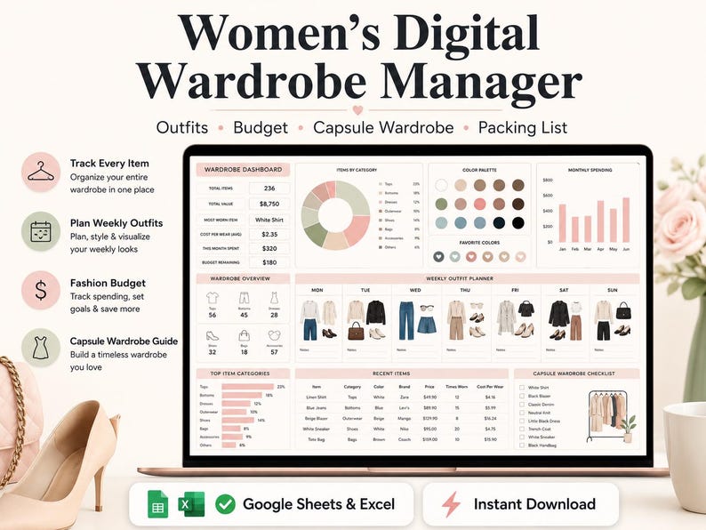 Puede incluir: Un panel de control digital para la gesti&oacute;n de vestuario mostrado en una pantalla de port&aacute;til. La interfaz incluye un gr&aacute;fico circular, gr&aacute;ficos de barras y un planificador de conjuntos semanal con iconos de ropa. Incluye texto descriptivo.