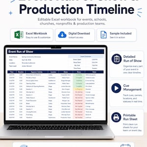 May include: A digital Event Run of Show and Production Timeline Excel workbook displayed on a laptop screen. The interface features columns for time, duration, activity, location, owner, status, and notes, with icons for download and printing.