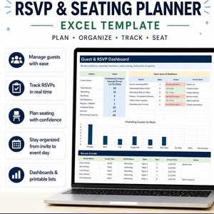 Event Guest List Template | RSVP Tracker, Seating Chart, Meal Planner, Check-In & Printable Lists Excel Workbook