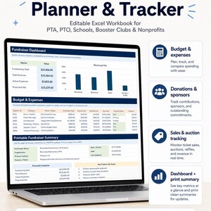 Planejador de arrecadação de fundos escolar | Modelo em Excel para controle de orçamento, doações, patrocínios, vendas e leilões da Associação de Pais e Mestres (APM)