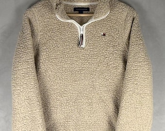 Tommy Hilfiger Beige Teddy Fleece Quarter Zip Pullover Sweatshirt