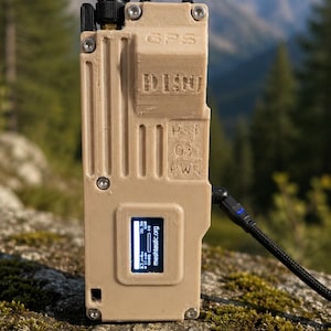 May include: A tan, rectangular, 3D-printed radio device with a black antenna and a small digital screen displaying text including meshtastic.org. The casing features molded labels for GPS, RST, 03, and PWR, secured with four visible silver screws.