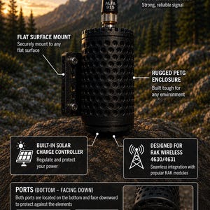 May include: A black cylindrical wireless device with a 5dBi gain antenna labeled ALFA 915, featuring a rugged PETG enclosure with a perforated pattern, a flat surface mount, a built-in solar charge controller, and bottom-facing solar and USB Type-C ports.