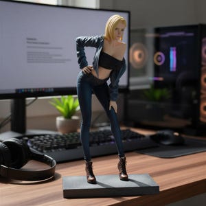 May include: A collectible figurine of a blonde character wearing a black tube top, a dark blue cropped jacket, dark blue skinny jeans, and brown lace-up boots. The figure stands on a rectangular base, posed with one hand on a hip.