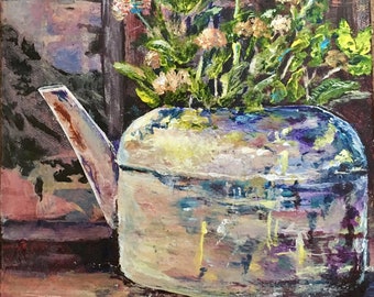 Original art, acrylic, castteam, CAPS, Chattanooga, nature, small painting, free shipping in USA, tea kettle, Tennessee, flowers, floral