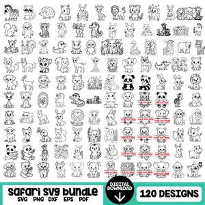 Safari SVG-paket, 120 designer, söta djurungar Svg, djungeldjur Svg, zoodjur Svg, safaridjur PNG, barndjur Svg, Cricut