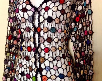 Vintage Beaded Crochet Knit Cardigan: Colorful Open Weave Shawl
