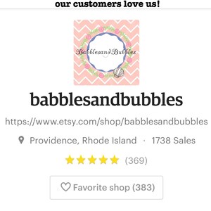 May include: A pink and white chevron pattern background with a circle containing the text "Babblesand Bubbles" in a white circle with a blue floral wreath. The text "babblesandbubbles" is below the circle. The text "https://www.etsy.com/shop/babblesandbubbles" is below the text "babblesandbubbles". The text "Providence, Rhode Island 1738 Sales" is below the website address. Five yellow stars are below the location text. The text "(369)" is to the right of the stars. A heart icon with the text "Favorite shop (383)" is below the stars.