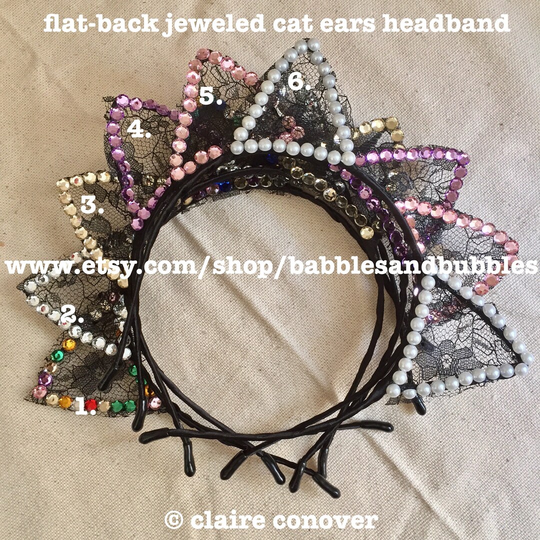 Flat Back Jeweled Lace Cat Ears Headband Cat Ears Bridal