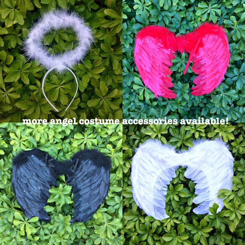 May include: Four different angel costume accessories: a white halo headband, white feathered wings, black feathered wings, and pink feathered wings.  more angel costume accessories available!
