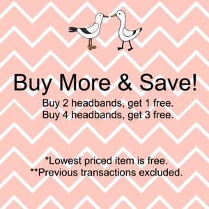 May include: A pink and white chevron pattern background with two white seagulls facing each other. The text "Buy More & Save!" is in black. The text "Buy 2 headbands, get 1 free. Buy 4 headbands, get 3 free." is in black. The text "*Lowest priced item is free. **Previous transactions excluded." is in black.