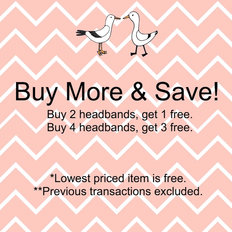 May include: A pink and white chevron pattern background with two white seagulls facing each other. The text "Buy More & Save!" is in black. The text "Buy 2 headbands, get 1 free. Buy 4 headbands, get 3 free." is in black. The text "*Lowest priced item is free. **Previous transactions excluded." is in black.
