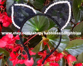 Black Lace Cat Ears Headband: Faux Pearl Bridal Headpiece