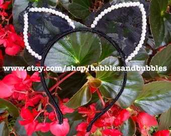 Comfortable Black Lace and Faux Pearl Cat Ears Headband (Thin Band) - Black Cat - Cat Ears - Wedding Headband - Bridal - NEXT DAY SHIPPING