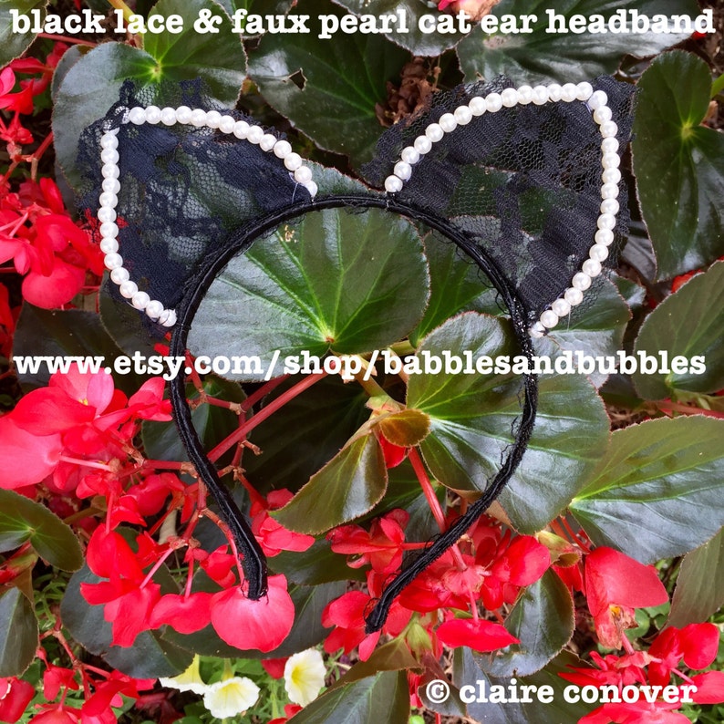 Comfortable Black Lace and Faux Pearl Cat Ears Headband Thin Band Black Cat Cat Ears Wedding Headband Bridal NEXT DAY SHIPPING image 1