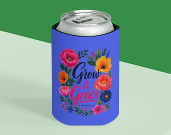Porta-latas "Cresça em Graça" | Porta-latas floral com versículo bíblico