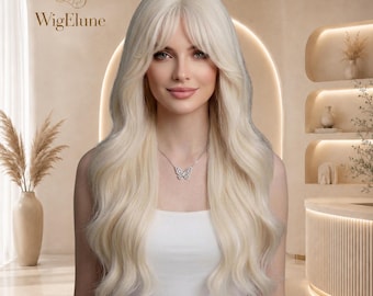 28 inch platinablonde golvende pruik, lange pruik van synthetisch haar met middenstuk voor dames
