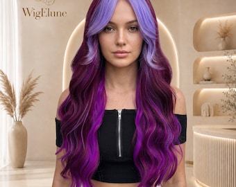 28 Inch Purple Wig Long Wavy Skunk Stripe Synthetic Heat Resistant Wig for Women