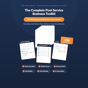 Puede incluir: Un kit de herramientas empresarial titulado The Complete Pool Service Business Toolkit, que incluye 106 documentos profesionales, como un contrato de servicio, un informe de inspección y una factura, con iconos para descarga y edición.