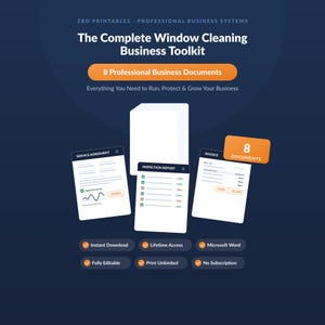 May include: The Complete Window Cleaning Business Toolkit by ZBD Printables features 8 professional business documents including a service agreement, inspection report, and invoice. This digital set is fully editable in Microsoft Word.