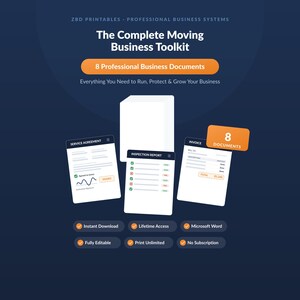 Op de afbeelding: De Complete Moving Business Toolkit bevat 8 professionele zakelijke documenten, zoals een serviceovereenkomst, inspectierapport en factuur. De digitale set biedt bewerkbare sjablonen voor directe download, levenslange toegang en onbeperkt printen.