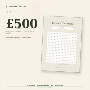 5 Pound Note Savings Challenge UK | Fiver Money Saving Tracker | Cash Stuffing Binder Insert | Sage Budget Planner PDF