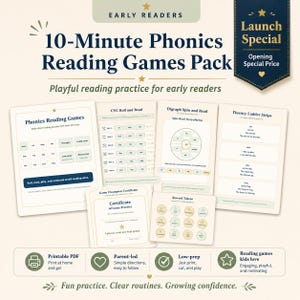 Puede incluir: Un paquete de juegos de lectura fonética de 10 minutos con materiales educativos imprimibles. Incluye hojas de juego, un certificado y fichas de recompensa con textos como CVC Roll and Read, Digraph Spin and Read y Fluency Ladder Strips en azul marino y crema.