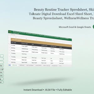 Peut inclure: Un tableur numérique de suivi de routine beauté pour Microsoft Excel et Google Sheets. L'interface affiche un tableau avec des colonnes pour le jour, le produit utilisé, l'étape, la durée et les résultats. Inclut des onglets pour les instructions.