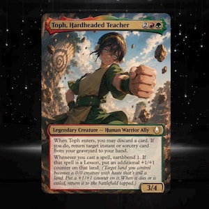 Puede incluir: Una carta coleccionable de Toph, Hardheaded Teacher que muestra a un personaje de cabello oscuro con un atuendo verde y beige, lanzando un puñetazo frente a un fondo de rocas flotantes. El texto incluye habilidades y una fuerza y resistencia de 3/4.