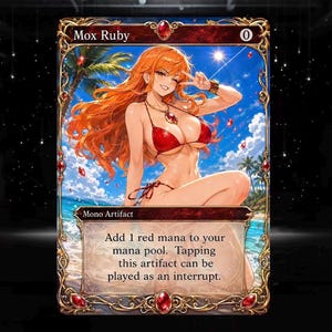 May include: A collectible trading card titled Mox Ruby featuring an illustration of a person with long orange hair wearing a red bikini on a beach. The card has a gold ornate border with red gems, a mana cost of 0, and text describing its game effect.