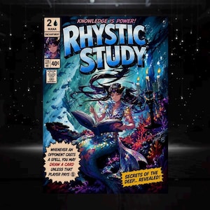 May include: A comic book cover titled Rhystic Study featuring a mermaid with long dark hair reading an open book underwater. The scene includes a candelabra, coral reefs, and fish. Text includes Knowledge is Power, 2 Mana, Enchantment, and game rules.