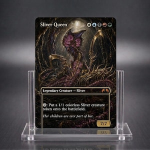 May include: A collectible trading card titled Sliver Queen featuring dark, detailed creature artwork in shades of brown and purple. The card displays mana symbols, text describing a creature ability, and a 7/7 power and toughness rating.