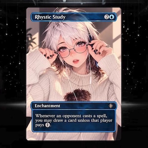May include: A Magic: The Gathering trading card titled Rhystic Study featuring an illustration of a person with white hair, round glasses, and a cream-colored sweater. The card text reads: Whenever an opponent casts a spell, you may draw a card unless that player pays 1.