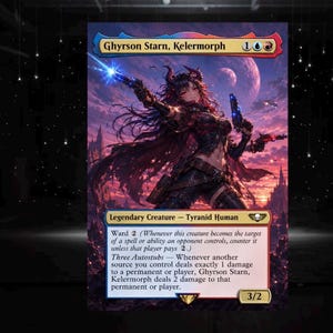 May include: A Magic: The Gathering trading card titled Ghyrson Starn, Kelermorph, featuring a horned character with long dark hair holding three pistols against a purple and orange sunset sky with two moons and a silhouette of a distant city.